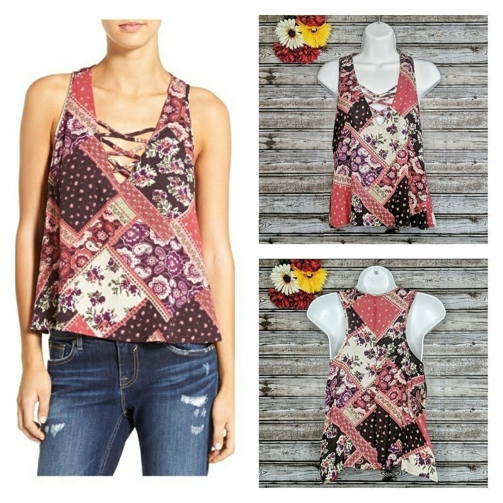 Chloe & Katie | Floral Paisley Patchwork Print Lace-up Swing Tank | XS